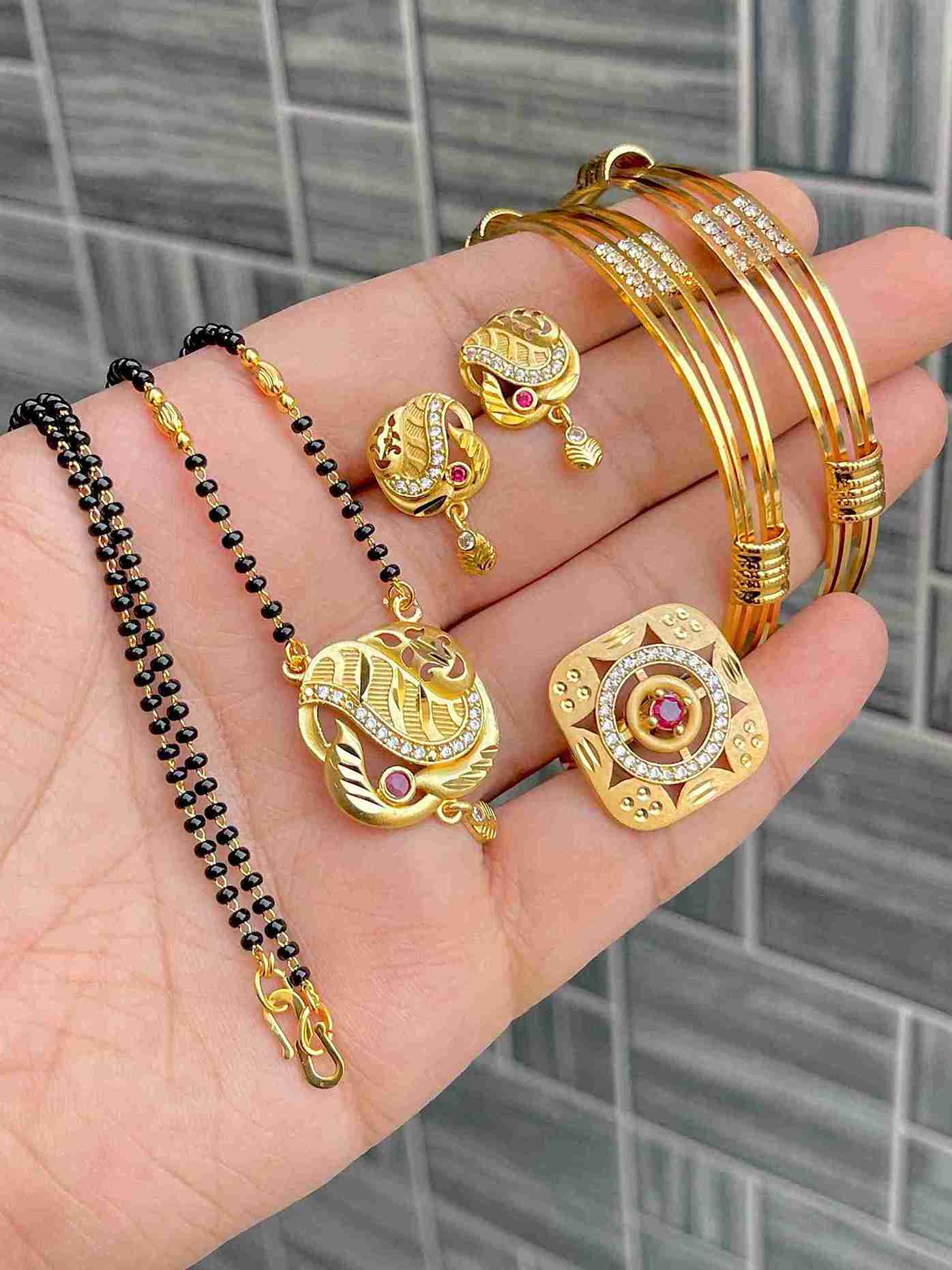 Gold Plated Mangalsutra With Tops Ad Adjustable Ring With Bangle Combo